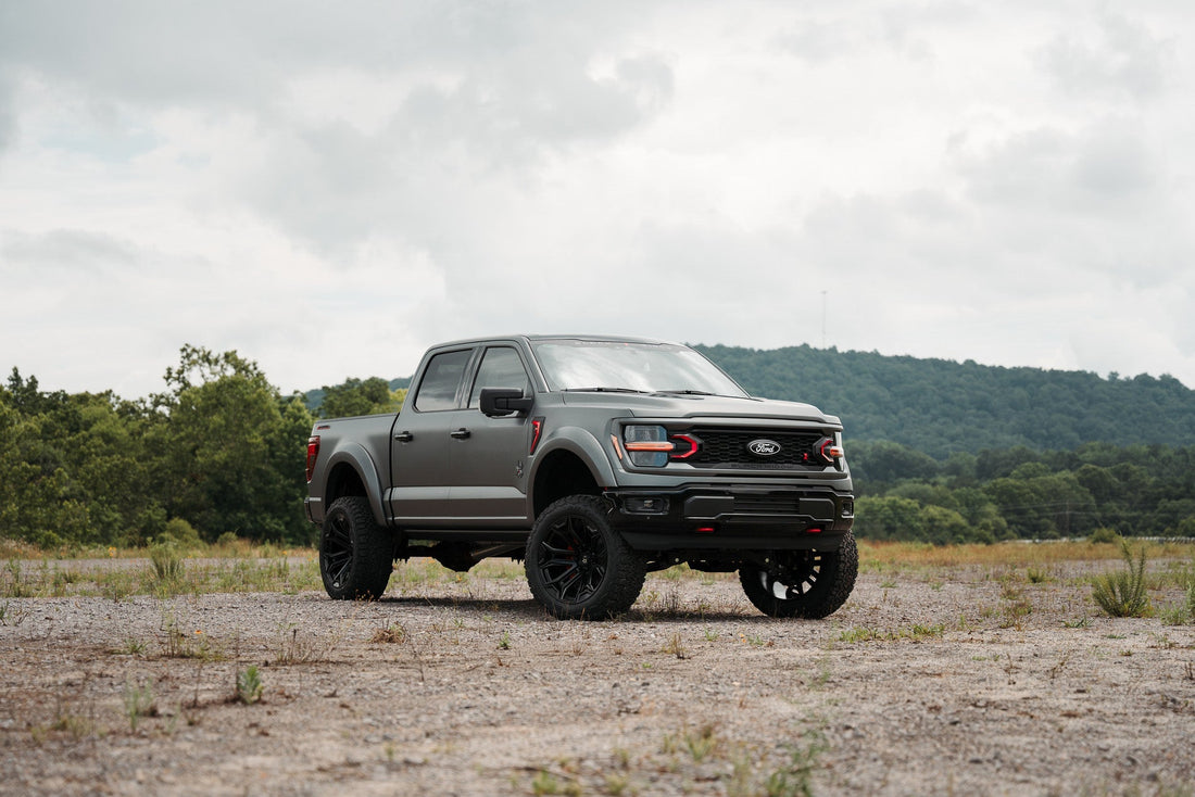 Lifted Black Widow F-150 parked off-road in a mountain scene.